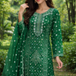 Emerald Elegance Premium Embroidered Three-Piece