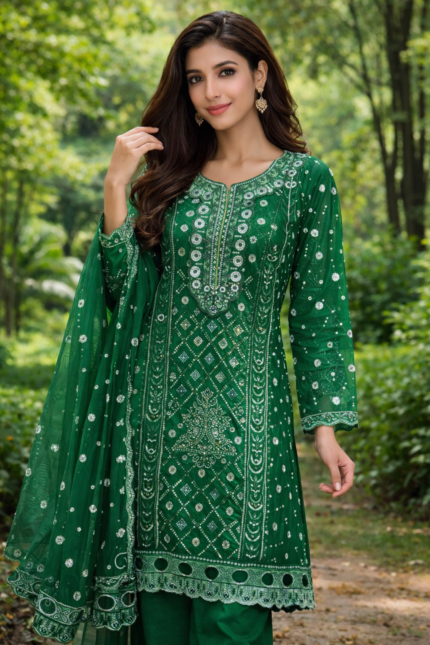 Emerald Elegance Premium Embroidered Three-Piece