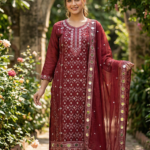 Luxeity Exclusive: গ্ল্যামারাস মেরুন সিকুইন ও এমব্রয়ডারি থ্রি-পিস (Unstitched)