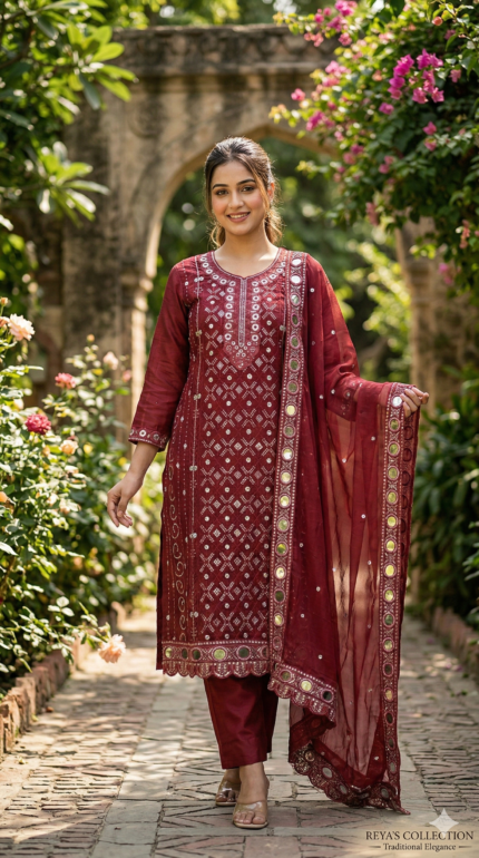 Luxeity Exclusive: গ্ল্যামারাস মেরুন সিকুইন ও এমব্রয়ডারি থ্রি-পিস (Unstitched)