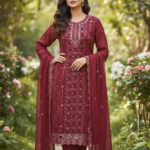 Luxeity Exclusive Maroon Georgette Party Wear Three-Piece with Mirror & Embroidery Work