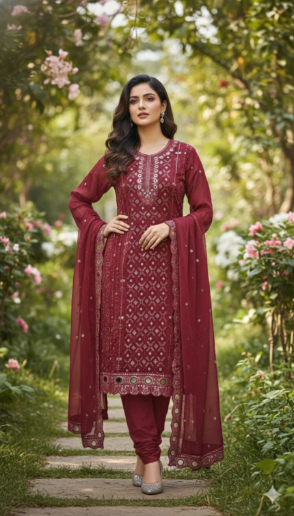 Luxeity Exclusive Maroon Georgette Party Wear Three-Piece with Mirror & Embroidery Work