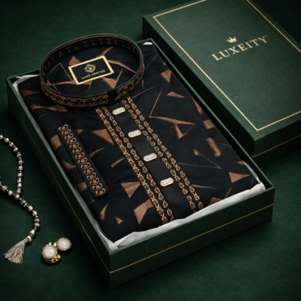 Luxeity Premium Designer Panjabi – Black & Copper Geometric Festive Edition