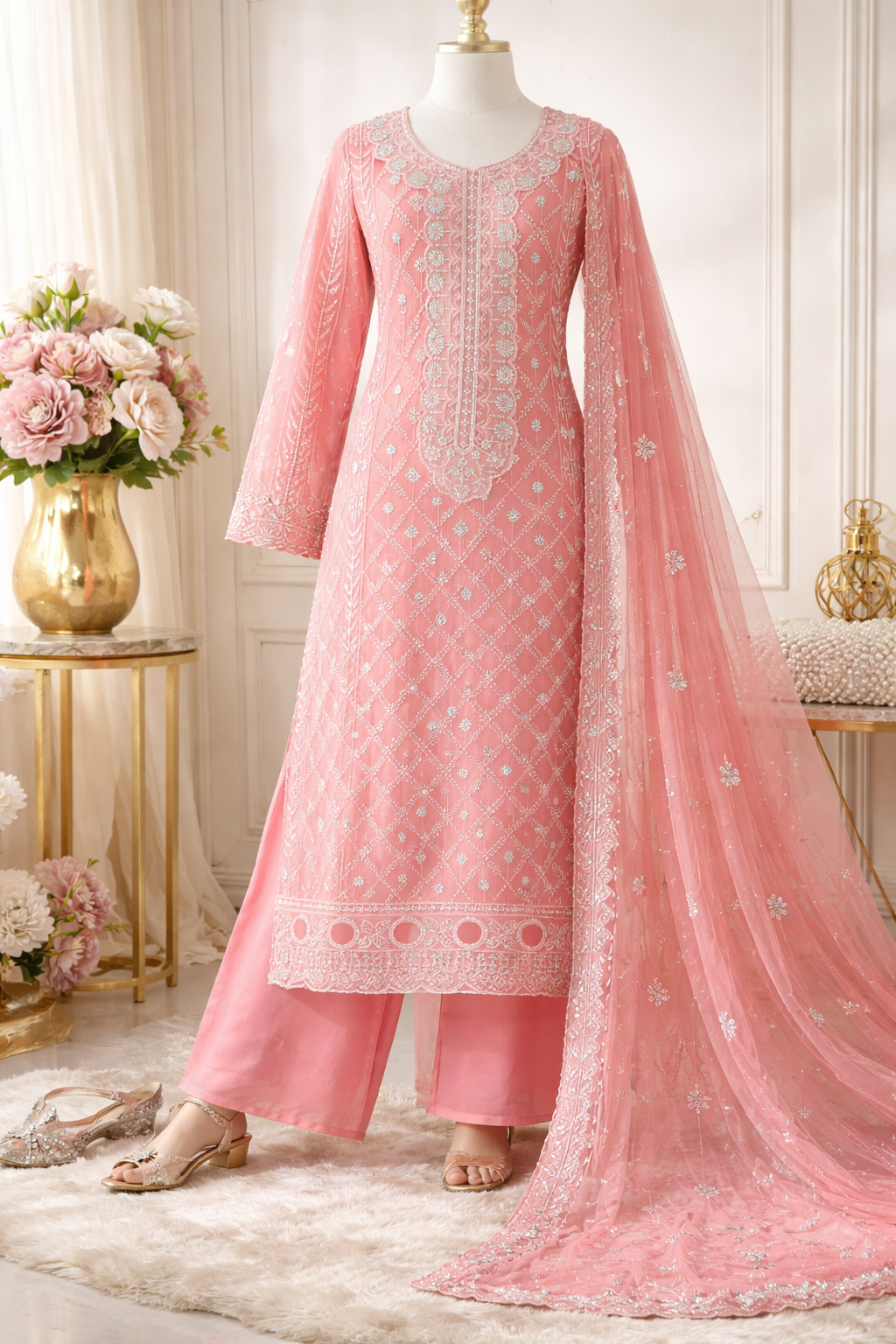 Premium Embroidered Pink Festive Three Piece Premium Embroidered Pink Festive Three Piece - Image 1
