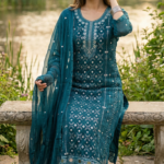 Luxeity এক্সক্লুসিভ ডিপ টিল এমব্রয়ডারি সিকুইন থ্রি-পিস (Premium Party Wear)