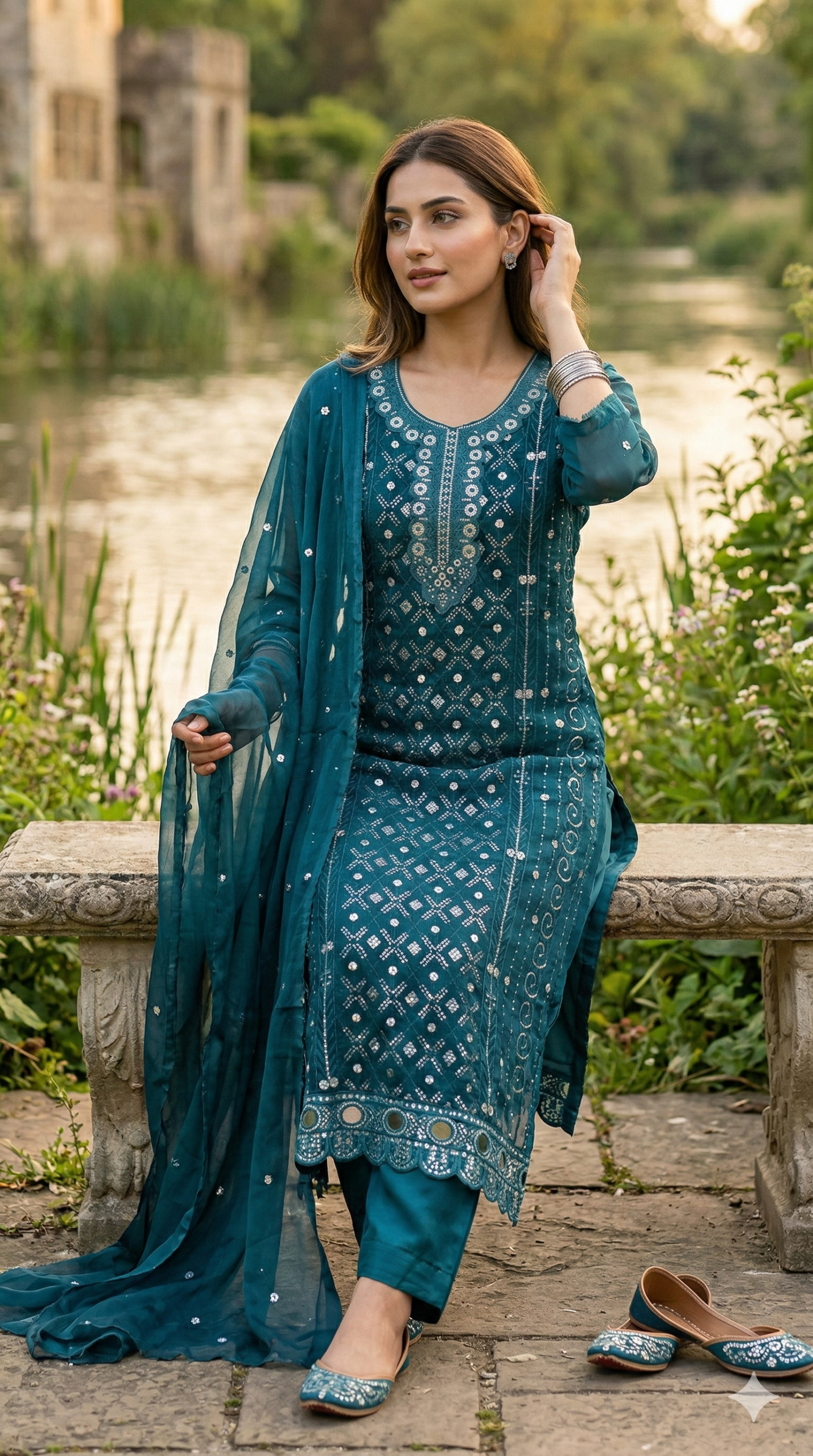 Premium Party Wear Luxeity এক্সক্লুসিভ ডিপ টিল এমব্রয়ডারি সিকুইন থ্রি-পিস (Premium Party Wear) - Image 1